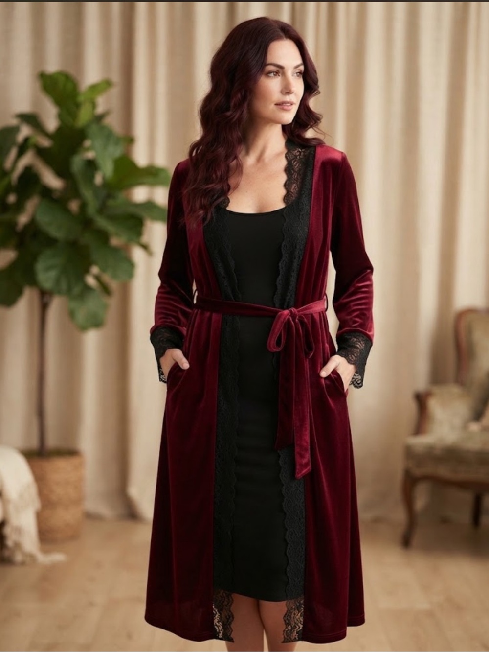 Burgundy Velvet Long Duster Kimono Robe Black Lace Trim
Small